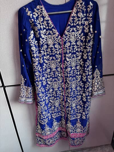 Fully embroidered blue and pink formal 3pc suit