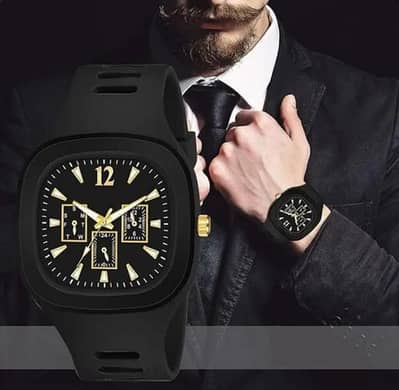 Men Black Silicone Analogue Watch with Gold Accents