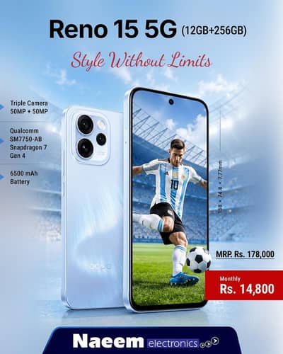 OPPO Reno 15 5G - 14,800 Instalment Available/-  Total Price RS:178000