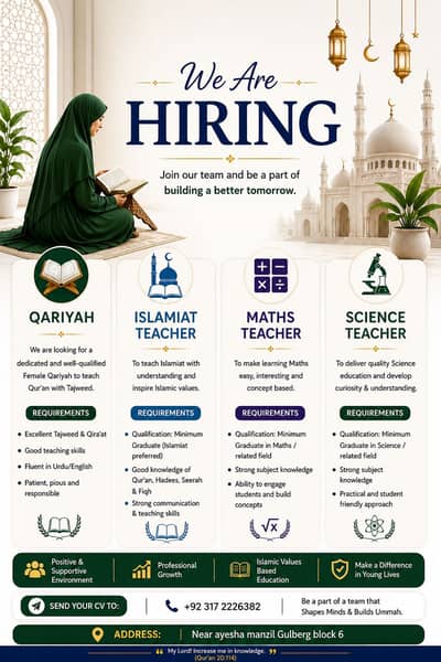 Vacany alert for school ayesha manzil send cv 03172226382