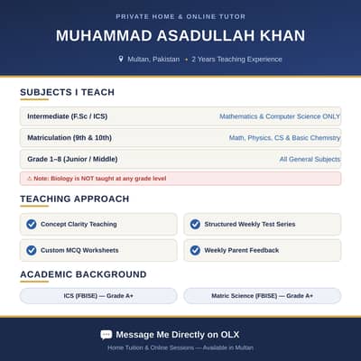 Home & Online Tutor – Math, Computer Science & Physics (Multan)