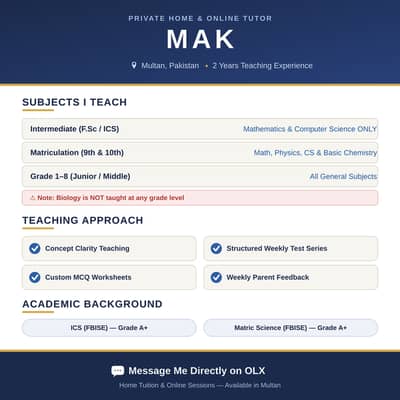 Home & Online Tutor – Math, Computer Science & Physics (Multan)