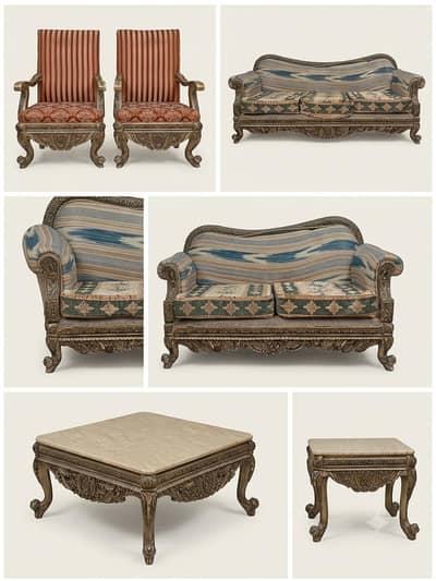 ​7-Seater Antique Hand-Carved Wooden Sofa Set with Marble Top Tables