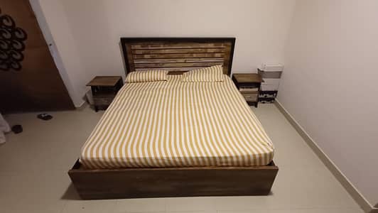 king size wooden bed set with 2 side tables and dressing table