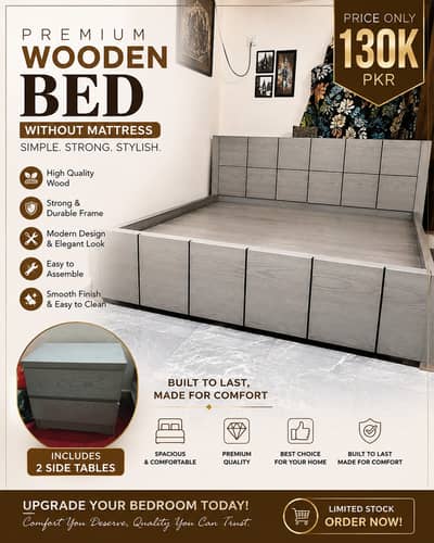 Premium Wooden Bed Set with Side Table & Mattress –