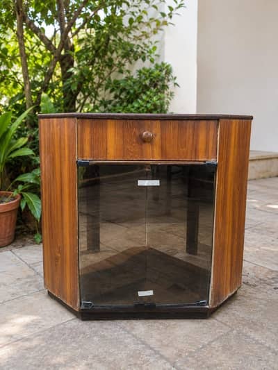 Vintage Wooden Corner Display Cabinet with Glass Doors & Drawer