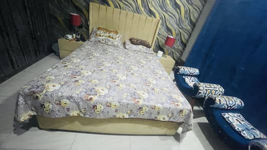 Fabric Bed With Side tables and Mattress