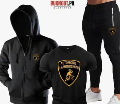 Lamborghini shield logos on the hoodie and joggers.