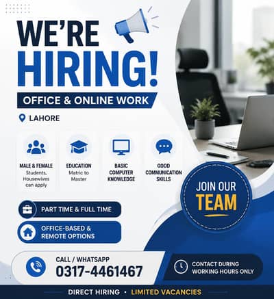 office ,part time,and online work available for Male/femail