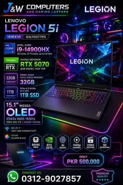LENOVO LEGION 5I/RTX 5070/15.1 OLED /I9 14900HX 9 momth warranty