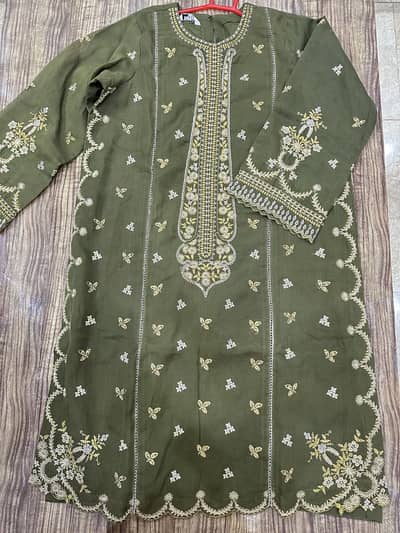 Original Sapphire Olive Green Embroidered Kurti – Medium Size