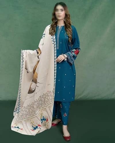 Blue Embroidery 3-pice dhanak suit with pashmina dupatta