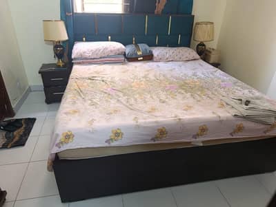 King Size Upholstered Bed with Two side tables like new 2 Months Used)