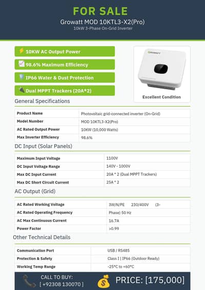 Growatt 10KW 10KTL3-X2 | 3-phase pro solar inverter | 98.6% Efficiency