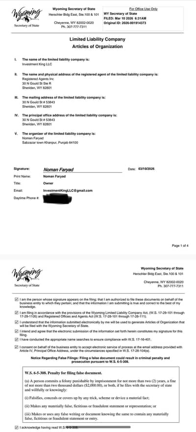 USA LLC along with virtual address and EIN number