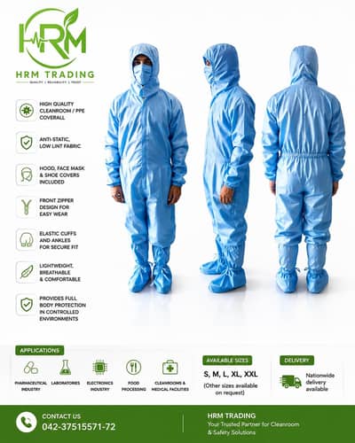Premium Cleanroom Coverall Suit with Hood, Face Mask & Shoe Covers