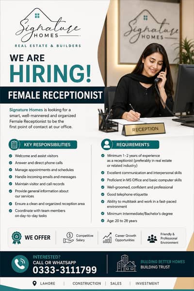 Female Receptionist Required Lake City Lahore