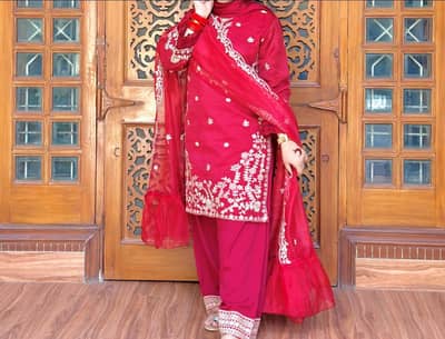 Stitched Red 3-Piece Festive Suit with Gold Work