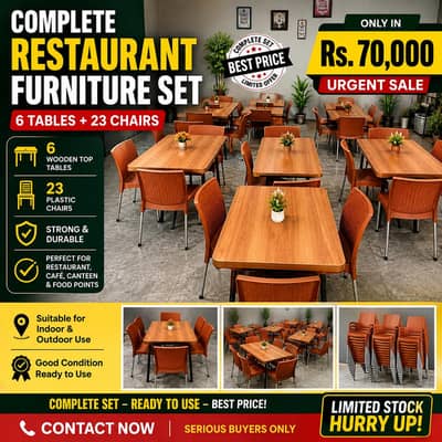 Restaurant Furniture Set – 6 Tables + 23 Plastic Chairs | Urgent Sale