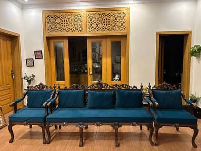 Chinioti Wooden Sofa Set (Teal) - 5 Seater for Sale