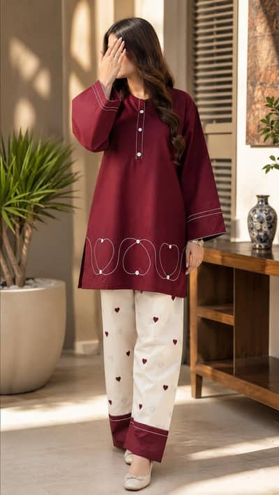 maroon and off white stitched two piece cotton / lawn suit