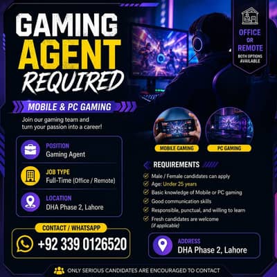 Gaming Agent Required (Mobile & PC) | Jobs | Lahore