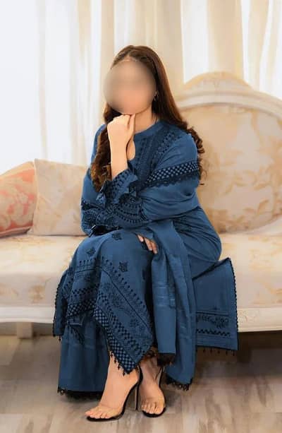 Blue embroided 3-piece lawn suit for eid wedding