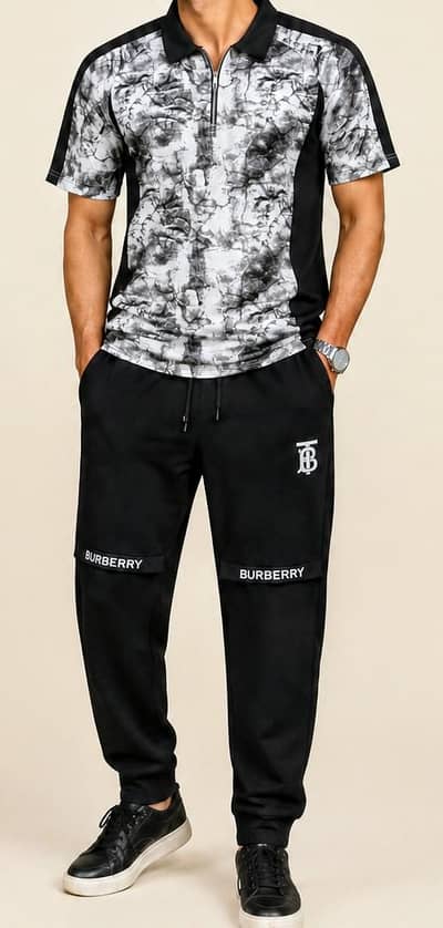 Men's Modern Athleisure Two-Piece Set: Abstract Zip Polo Collar Shirt