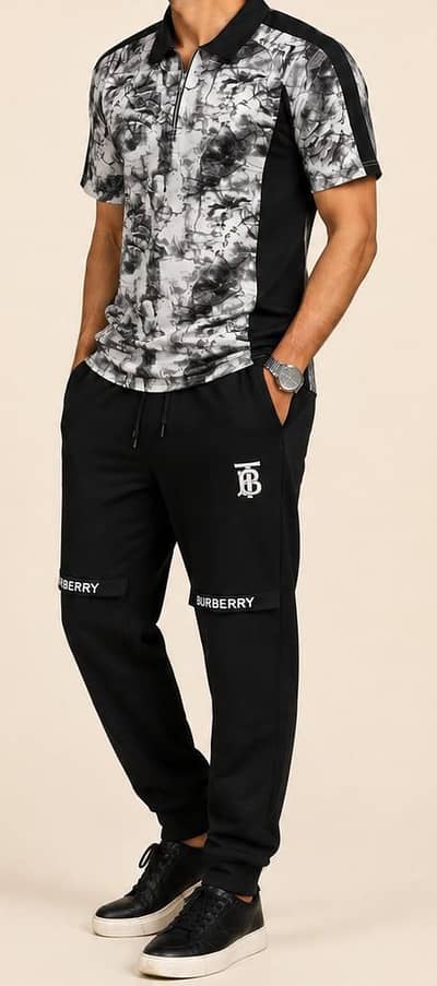 Men's Premium Quality Quarter-zip Polo T-shirt +Burberry traouser