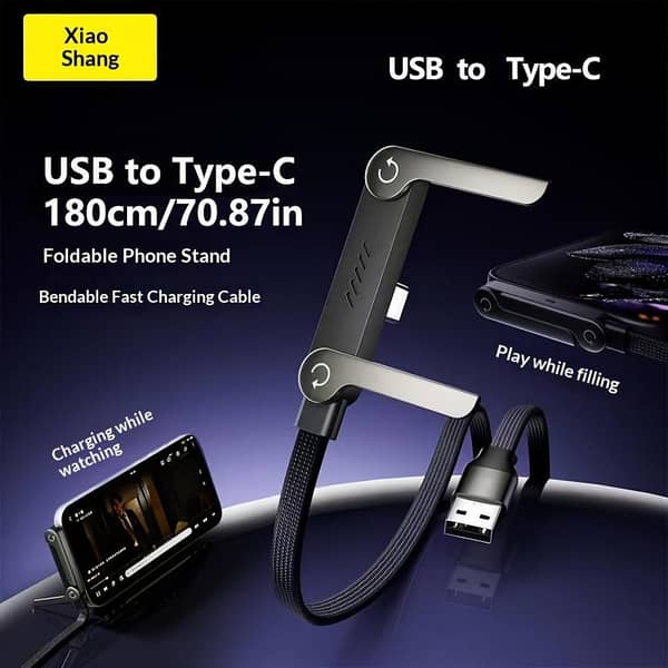 2-in-1 USB-C to USB-C Fast Charging Cable 240W with Built-in Foldable Mobile Phone Stand | 1.5M Heavy Duty Nylon Braided Data Cord | 90 Degree Angled Gaming Cable Holder for iPhone 15/16/17, Samsung, Huawei, Xiaomi