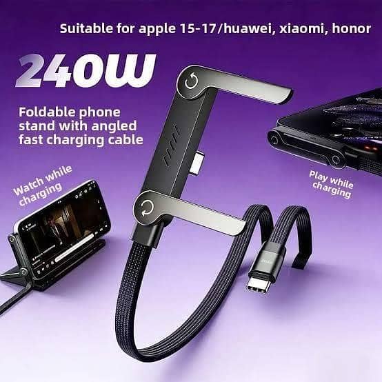 2-in-1 USB-C to USB-C Fast Charging Cable 240W with Built-in Foldable Mobile Phone Stand | 1.5M Heavy Duty Nylon Braided Data Cord | 90 Degree Angled Gaming Cable Holder for iPhone 15/16/17, Samsung, Huawei, Xiaomi