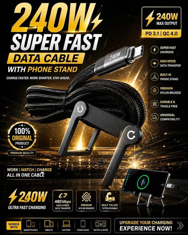 2-in-1 USB-C to USB-C Fast Charging Cable 240W with Built-in Foldable Mobile Phone Stand | 1.5M Heavy Duty Nylon Braided Data Cord | 90 Degree Angled Gaming Cable Holder for iPhone 15/16/17, Samsung, Huawei, Xiaomi