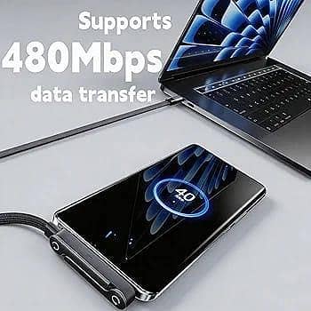 2-in-1 USB-C to USB-C Fast Charging Cable 240W with Built-in Foldable Mobile Phone Stand | 1.5M Heavy Duty Nylon Braided Data Cord | 90 Degree Angled Gaming Cable Holder for iPhone 15/16/17, Samsung, Huawei, Xiaomi