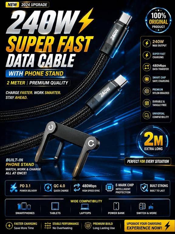 2-in-1 USB-C to USB-C Fast Charging Cable 240W with Built-in Foldable Mobile Phone Stand | 1.5M Heavy Duty Nylon Braided Data Cord | 90 Degree Angled Gaming Cable Holder for iPhone 15/16/17, Samsung, Huawei, Xiaomi