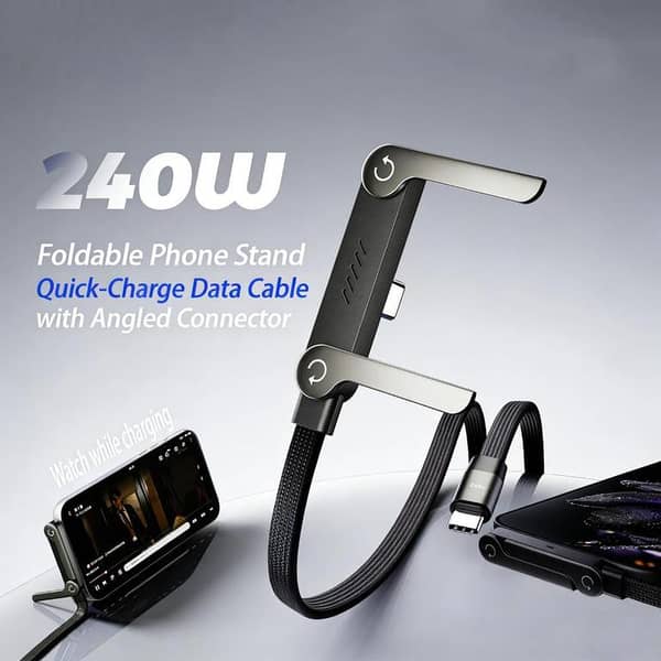 2-in-1 USB-C to USB-C Fast Charging Cable 240W with Built-in Foldable Mobile Phone Stand | 1.5M Heavy Duty Nylon Braided Data Cord | 90 Degree Angled Gaming Cable Holder for iPhone 15/16/17, Samsung, Huawei, Xiaomi