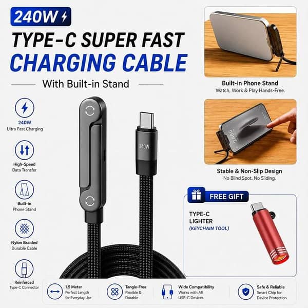 PACK OF 2 PCS 2-in-1 USB-C to USB-C Fast Charging Cable 240W with Built-in Foldable Mobile Phone Stand | 1.5M Heavy Duty Nylon Braided Data Cord | 90 Degree Angled Gaming Cable Holder for iPhone 15/16/17, Samsung, Huawei, Xiaomi