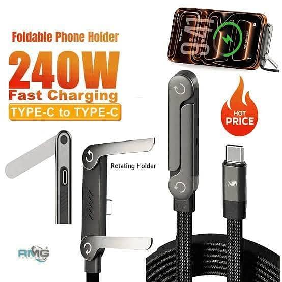 PACK OF 2 PCS 2-in-1 USB-C to USB-C Fast Charging Cable 240W with Built-in Foldable Mobile Phone Stand | 1.5M Heavy Duty Nylon Braided Data Cord | 90 Degree Angled Gaming Cable Holder for iPhone 15/16/17, Samsung, Huawei, Xiaomi