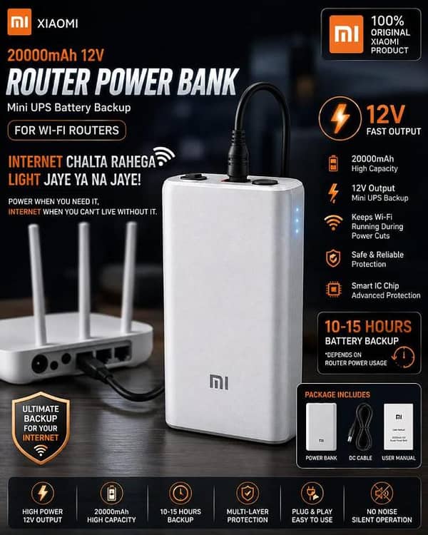 Xiaomi Mi 20000mAh 12V Router Power Bank Mini UPS Battery Backup For WiFi Router Modem ONT CCTV Camera | Uninterrupted Power Supply Plug & Play Easy Connection High Capacity Portable Backup Power