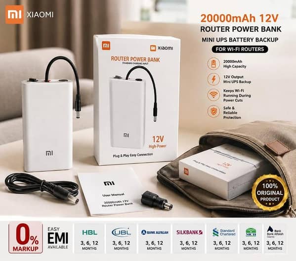 Xiaomi Mi 20000mAh 12V Router Power Bank Mini UPS Battery Backup For WiFi Router Modem ONT CCTV Camera | Uninterrupted Power Supply Plug & Play Easy Connection High Capacity Portable Backup Power