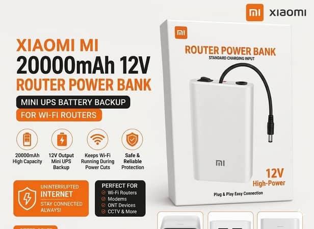 Xiaomi Mi 20000mAh 12V Router Power Bank Mini UPS Battery Backup For WiFi Router Modem ONT CCTV Camera | Uninterrupted Power Supply Plug & Play Easy Connection High Capacity Portable Backup Power