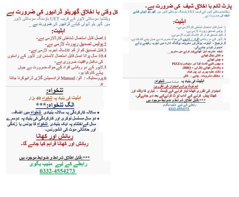 FULL TIME DRIVER & PART TIME CHEF REQUIRED ضرورت ہے گھریلو ڈرائیور/شیف 0