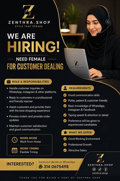 We are looking Female for Customer Dealing Executive