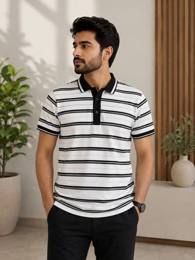 PGA Black & White Striped Polo T-Shirt – Large Size