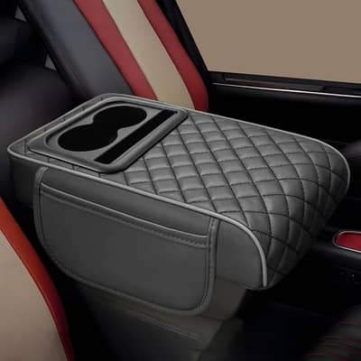 Car Armrest Cushion with Cup Holder & Storage Box – PU Leather Center