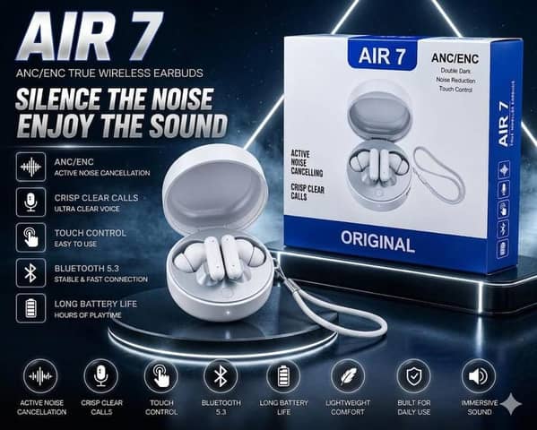 AIR 7 True Wireless Earbuds with ANC/ENC Active Noise Cancellation, Bluetooth 5.3 Headphones, Crisp Clear Calls, Touch Control, Long Battery Life, Waterproof Immersive Sound Earphones White , Black , Red , Orange
