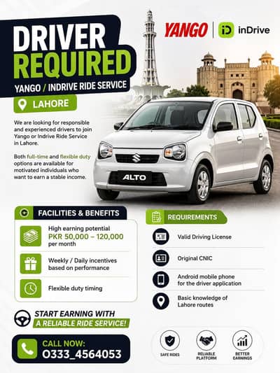 Driver Required  - Yango/Indrive Ride Service (Lahore)