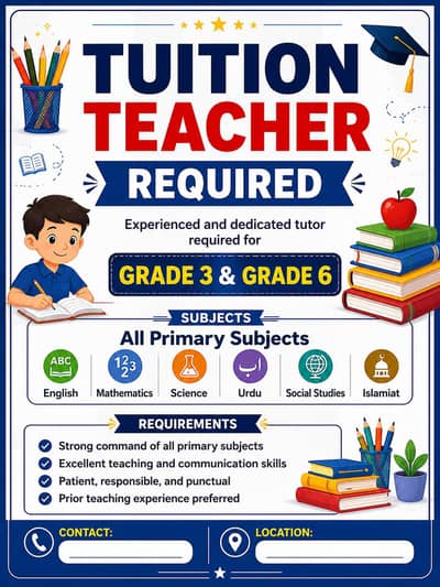Tutor required for 4 kids (3 and 6 classes)