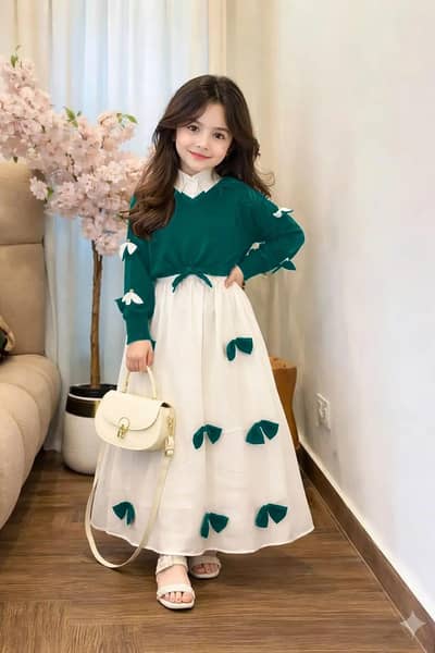 Girls Georgette Bow Top Maxi Set Green White