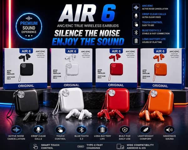 Original Air 6 Wireless Bluetooth Earbuds Noise Cancelling TWS Gaming Headset | Waterproof Sport Earphones, Immersive Sound, Heavy Bass Buds with Mic, Wide Compatibility for All Smartphones