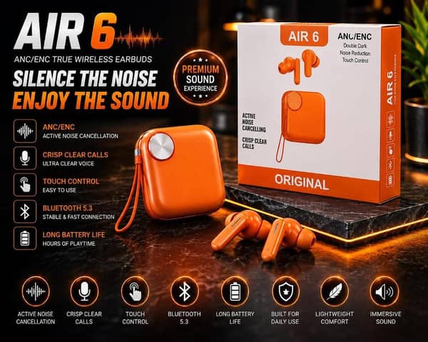 Pack of two Original Air 6 Wireless Bluetooth Earbuds Noise Cancelling TWS Gaming Headset | Waterproof Sport Earphones, Immersive Sound, Heavy Bass Buds with Mic, Wide Compatibility for All Smartphones